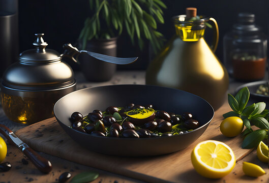 A set of Olives green and black on a dark background