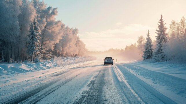 A car is driving down a snowy road. This image can be used to depict winter driving conditions