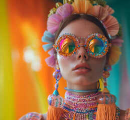 Fashion editorial Concept. Closeup portrait of pretty woman with oversized sunglass glasses accessories jewelry of candy loud 70s colourful retro beads rhinestone mirror yarn resin. copy text space