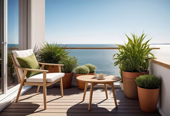 Obraz premium Beautiful cozy design of balcony or terrace with wooden floor, chair and green plants in pots. Cozy relaxation area at home. Sunny stylish terrace-balcony in the house,
