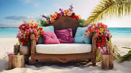 Cozy wooden sofa on the seashore decorated with tropical flowers,,
A glass sphere with palm trees on it