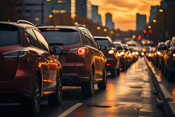 Traffic jam during rush hour at sunset.