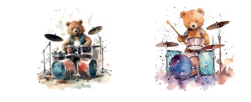 Expressive Watercolor Illustration of Drummers in Action, Artistic Rendering of Musicians Playing Drums, Perfect for Music-Themed Designs