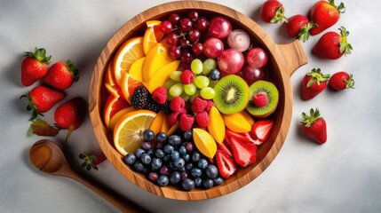 Colorful Assortment of Fresh Fruits in a Wooden Bowl - Generative AI