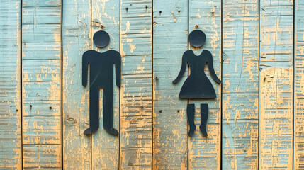 Vintage Male and Female Restroom Signs on Distressed Blue Wooden Background