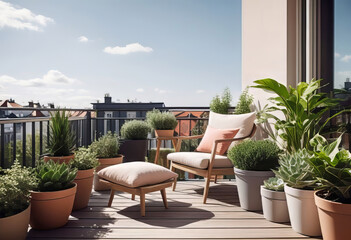 Beautiful cozy design of balcony or terrace with wooden floor, chair and green plants in pots. Cozy relaxation area at home. Sunny stylish terrace-balcony in the house,