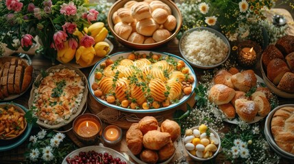 Easter Brunch Table Laden With Food and Spring Flowers. - obrazy, fototapety, plakaty