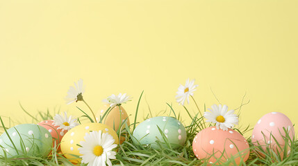Fototapeta na wymiar Colorful easter eggs with flowers and green grass. Easter eggs disappear on light yellow background.