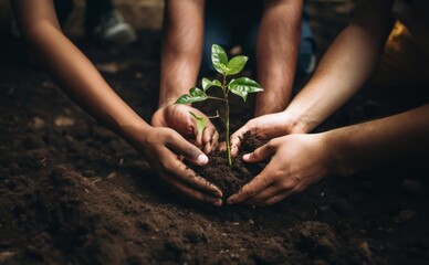 hands from a close-knit community come together to plant a young sapling, symbolizing collective growth, environmental stewardship, and the nurturing bond between people and nature.Generated image