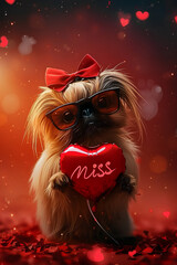 Cute brussel griffon with a red heart balloon on glamour red background. With a text Miss. For Valentine's Day celebration. Romantic holiday and pet concept. Funny animal for wallpaper, poster, card