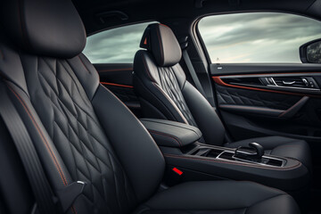 Modern Luxury Car Interior. black leather seats. Car detailing.