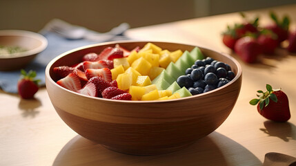 Colorful Assortment of Fresh Fruits in a Wooden Bowl - Generative AI