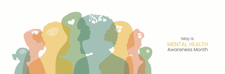 Banner May is Mental Health Awareness month. Horizontal design with Diversity people silhouette in flat style. Reminding about importance of good state of mind. Psychological well-being presentation