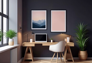 Fototapeta premium Home office interior mockup with poster mockup on wall with copy space, Modern hygge concept interior design, 3D rendering,