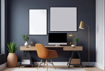 Home office interior mockup with poster mockup on wall with copy space, Modern hygge concept interior design, 3D rendering, - obrazy, fototapety, plakaty