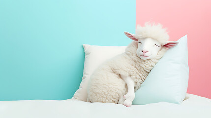 Banner with Fashionable Anthropomorphic Cute White Sheep Sleeping on Soft White Pillow, Dreamy Pastel Color Palette of Soft Pink and Blue, Space for Text - obrazy, fototapety, plakaty