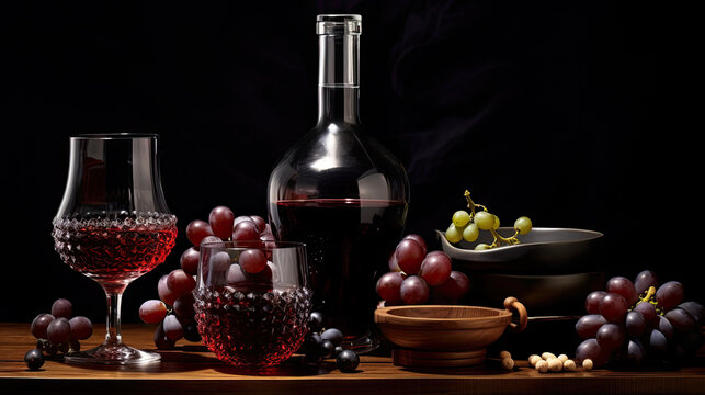 Presentation on a Wooden Table with Red Wine and Fresh Grapes - Generative AI