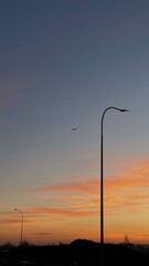 Latarnia uliczna podczas zachodu słońca i lecący samolot