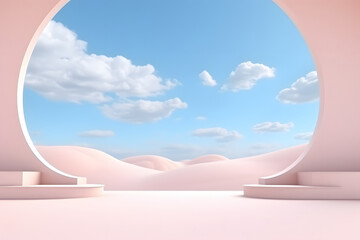 3d Render, Abstract Surreal pastel landscape background with arches and podium for showing product. Minimalist decor design.