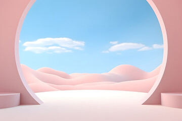 3d Render, Abstract Surreal pastel landscape background with arches and podium for showing product. Minimalist decor design.