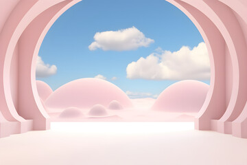 3d Render, Abstract Surreal pastel landscape background with arches and podium for showing product. Minimalist decor design.