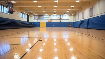 Blurred school gym background. Basketball game on wooden court floor