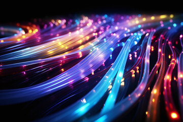 Glowing colored data cables transferring background information.