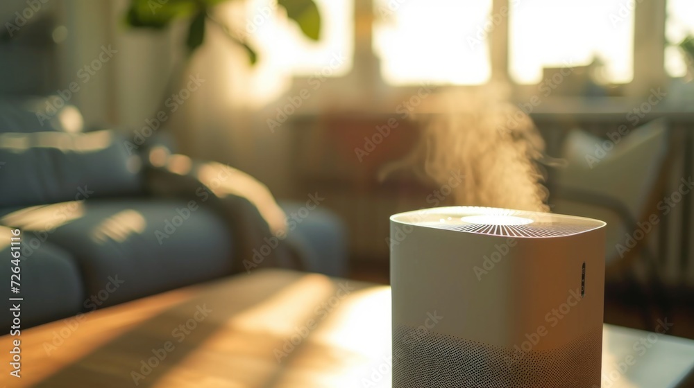 Poster A compact and straightforward description of a humidifier sitting on top of a wooden table. This versatile image can be used in various contexts