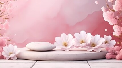 3D background of natural pink color cosmetic products. Stone podium with white flowers. generative ai