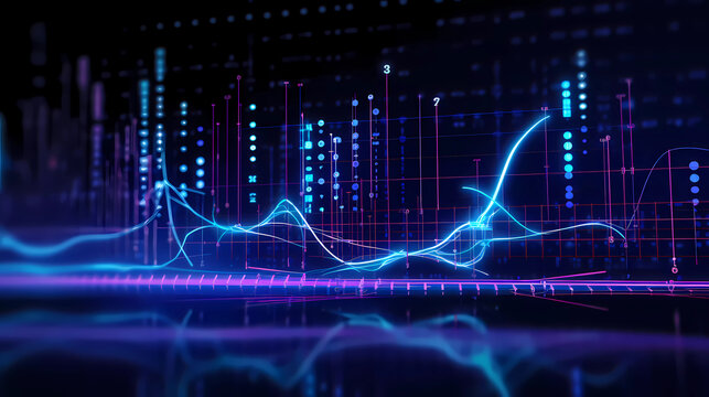 Generate an image featuring large blue neon glowing ropes suspended against a dark violet background. Integrate numbers, graphs, and numeric information seamlessly overlayed onto the composition