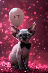Cute sphynx cat with a white balloon on sparkling red background. With a text Kiss. For Valentine's Day celebration. Romantic holiday and pet concept. Funny animal for wallpaper, poster, card