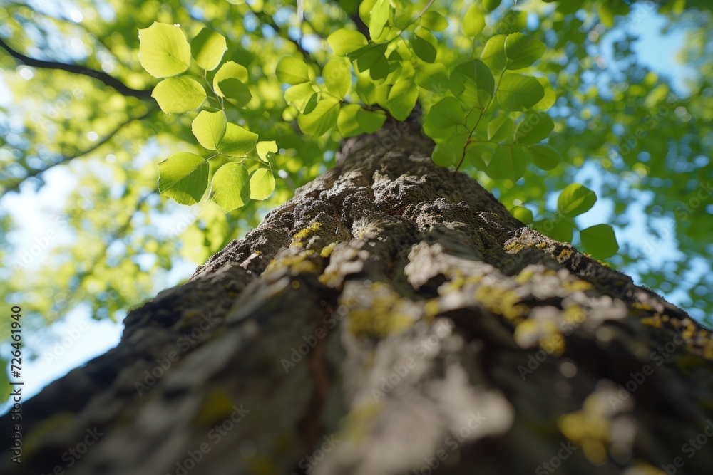 Poster a close-up photograph showcasing the intricate details of a tree with vibrant green leaves. perfect 
