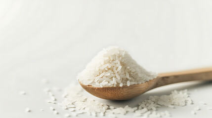 Fototapeta na wymiar Clean measuring spoon of rice, plain white background