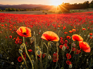 Poppies: The Bright and Delicate Flowers that Bloom in the Countryside and Create a Peaceful and Scenic Landscape at Sunset