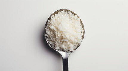 Clean measuring spoon of rice, plain white background
