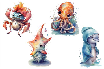 Safari Animal set dolphin, octopus, starfish, crab, in 3d style. Isolated  illustration - obrazy, fototapety, plakaty