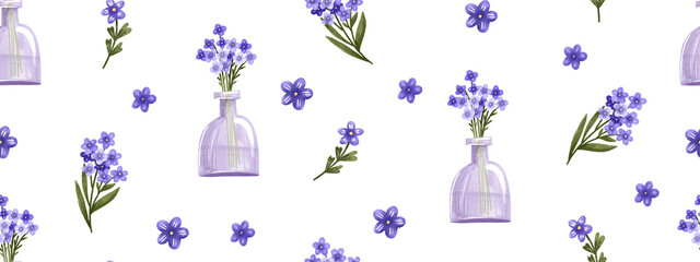 Botanical purple seamless pattern with forget-me-nots. Beautiful lush bouquet in a glass vase. Hand drawn illustration. suitable for wrapping paper, wallpaper, decoration.
