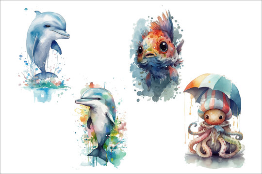Safari Animal set fish. shell, dolphin, octopus in 3d style. Isolated  illustration