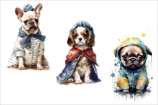 Safari Animal set french bulldog, king charles cavalier spaniel, pug in 3d style. Isolated  illustration