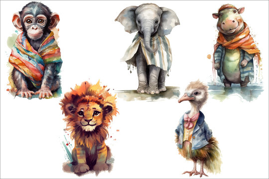 Safari Animal set lion, ostrich, elephant, hippopotamus, chimpanzee in 3d style. Isolated  illustration