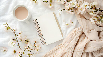 Planner on the table surrounded by flowers, pastel beige color