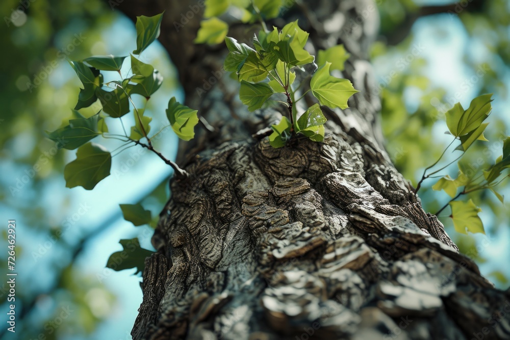 Poster A detailed close-up view of a tree trunk covered in vibrant green leaves. This image can be used to showcase the beauty of nature and the intricate details of a tree.