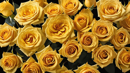 a bunch of yellow roses are arranged in a pattern on a black background
