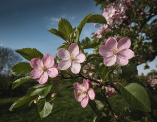 a photo of an apple plant with bright white flowers, in the style of dark sky-blue and pink