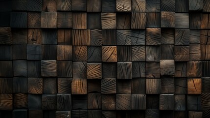 Dark Rustic Wooden Block Wall Background with Rich Textures and Deep Tones Backdrop