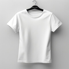Naklejka premium Blank White T-Shirt on Hanger Displayed on Grey Background - Generative AI