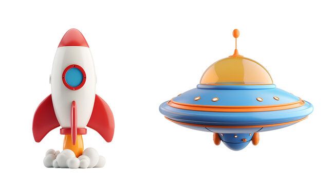 Series of ufo, rocket, space ship: Fundamental 3D Cartoon Presentation of Winsome Space Elements for Infants, Isolated on Transparent Background, PNG