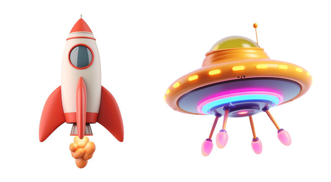 Set of ufo, rocket, space ship: Elementary 3D Cartoon Rendering of Pleasing Space Parts for Kids, Isolated on Transparent Background, PNG