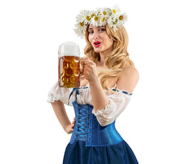 Midsummer woman waitress serving big beer mugs on isolated background during beer party. Blonde girl with wreath daisies flowers in her hair celebrating traditional beer festival in summer or spring