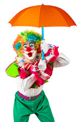 Surprised clown holding orange umbrella. Entertainer Joker in colorful suit and wig. Buffoon with clown whiteface makeup. Professional actor at event, kid's party, circus